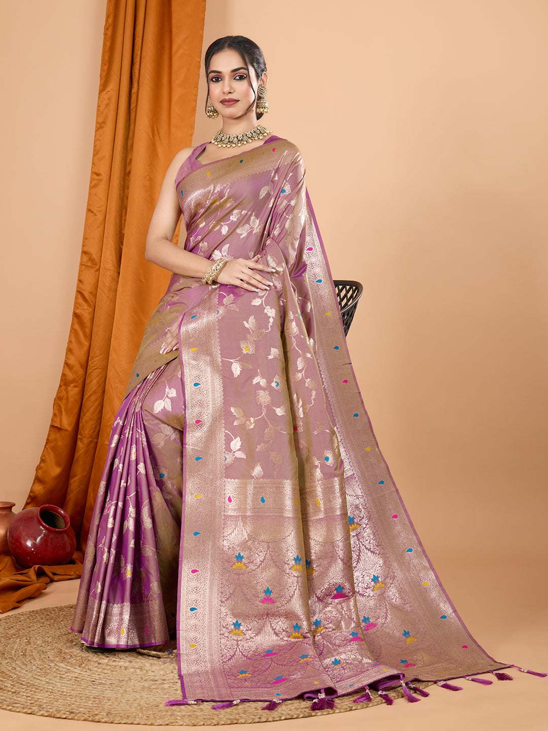 Dwija Fashion Lavender Party Wear Banarsi Silk With Jari Weaving Work Saree With Unstitched Blouse