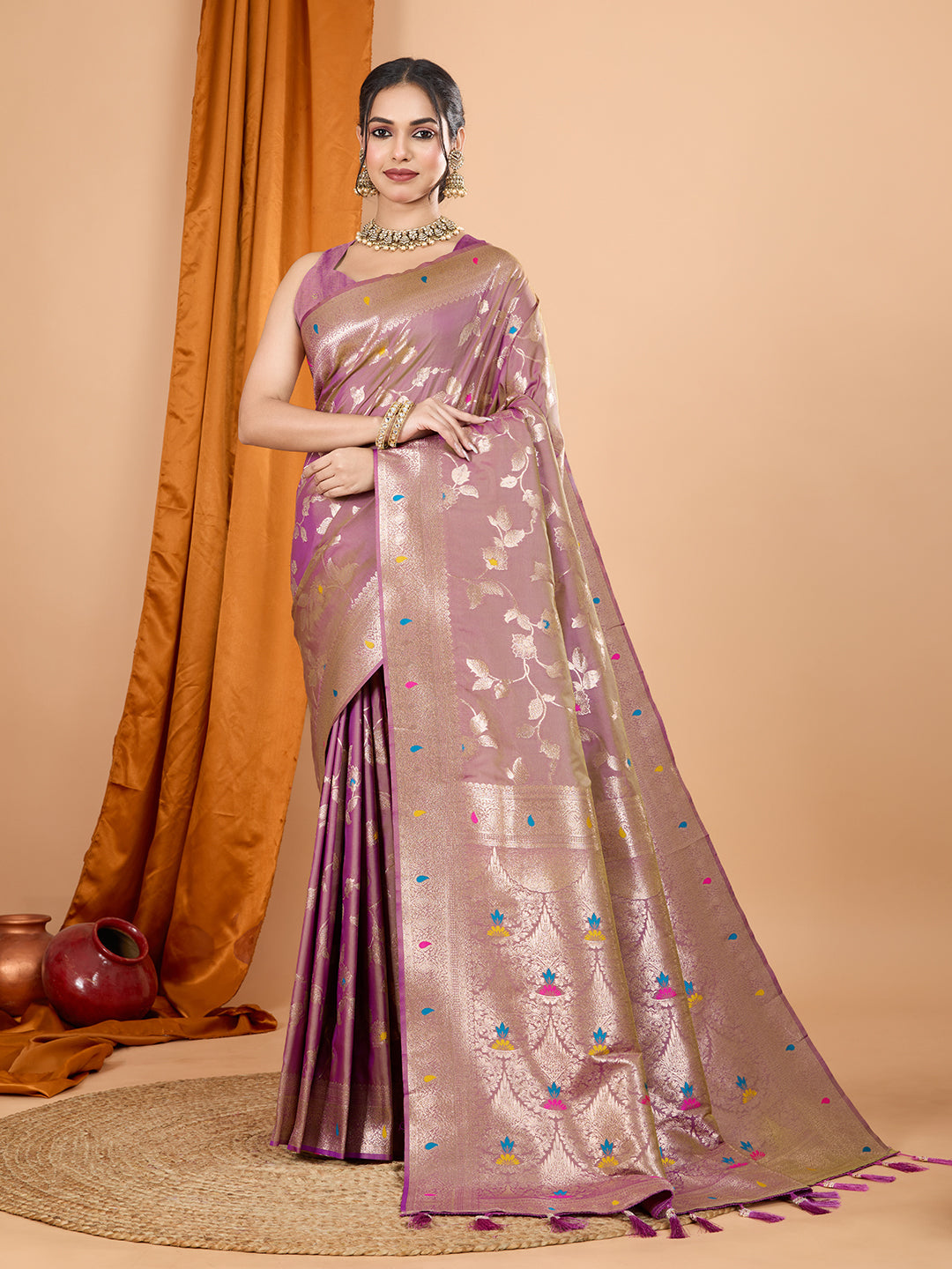 Dwija Fashion Lavender Party Wear Banarsi Silk With Jari Weaving Work Saree With Unstitched Blouse