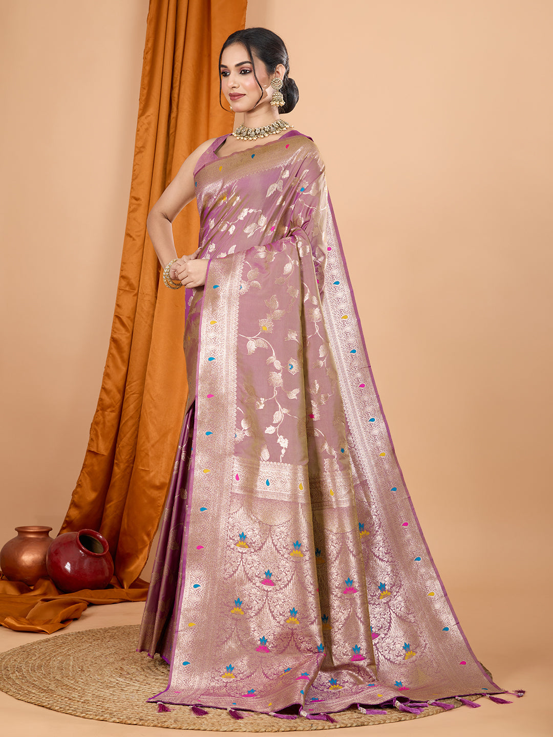 Dwija Fashion Lavender Party Wear Banarsi Silk With Jari Weaving Work Saree With Unstitched Blouse