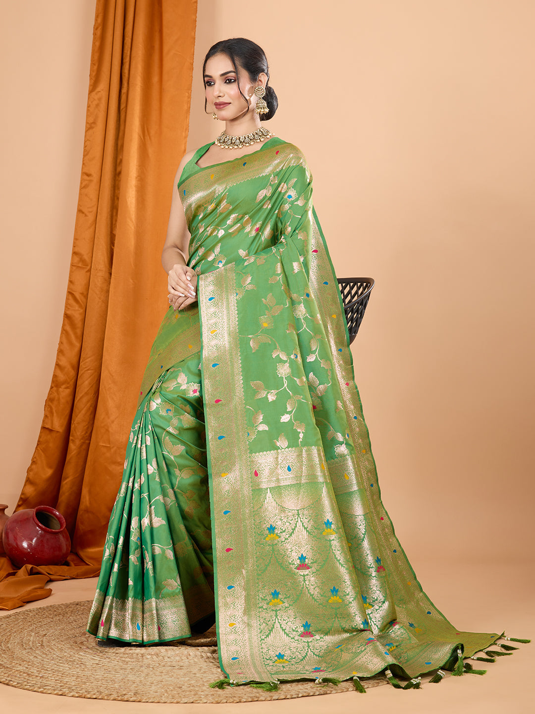 Dwija Fashion Green Party Wear Banarsi Silk With Jari Weaving Work Saree With Unstitched Blouse