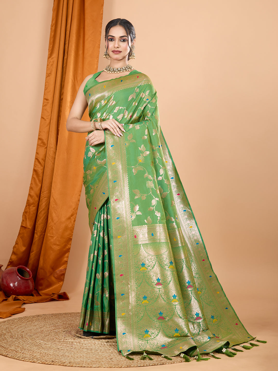 Dwija Fashion Green Party Wear Banarsi Silk With Jari Weaving Work Saree With Unstitched Blouse