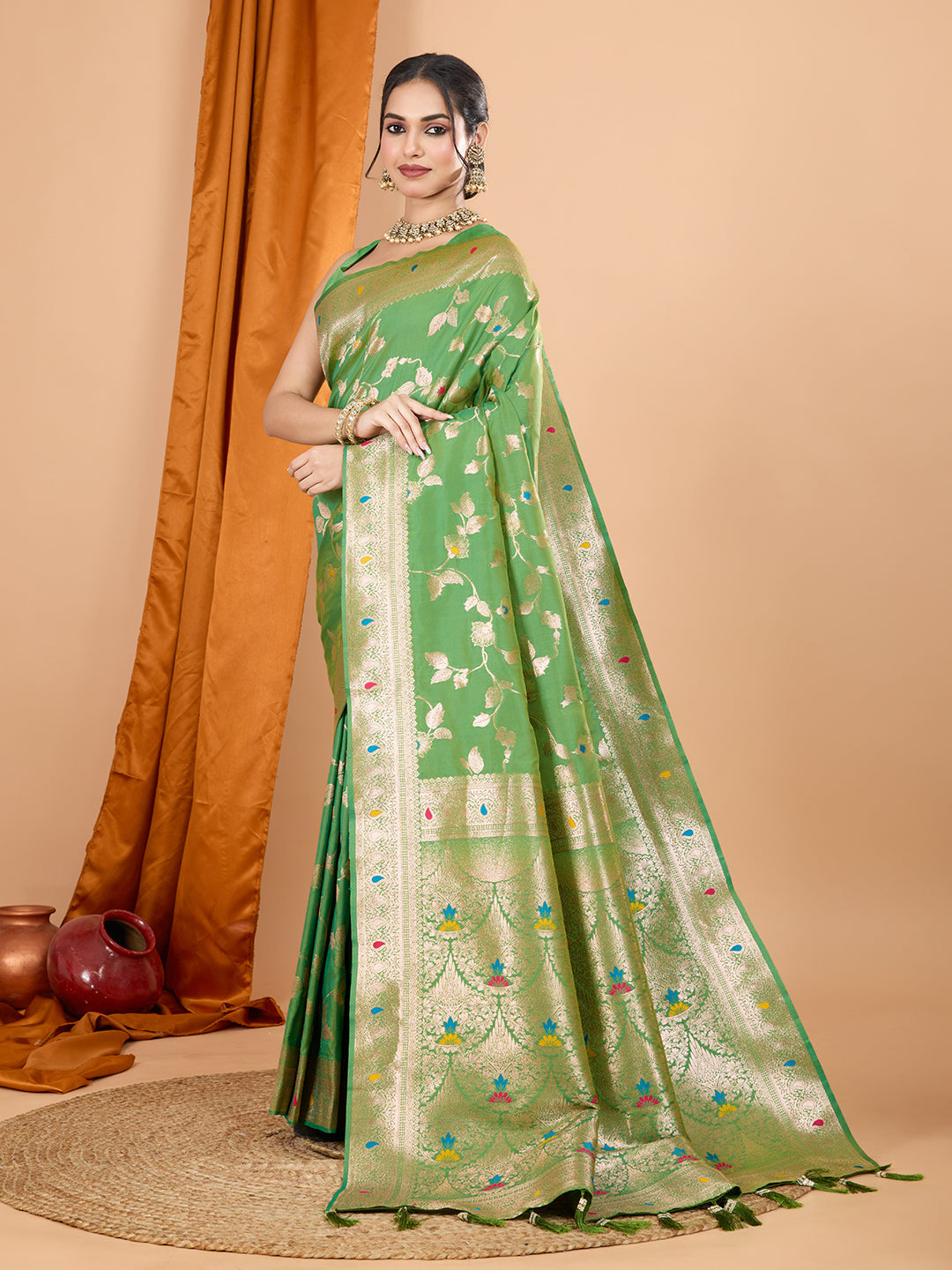 Dwija Fashion Green Party Wear Banarsi Silk With Jari Weaving Work Saree With Unstitched Blouse