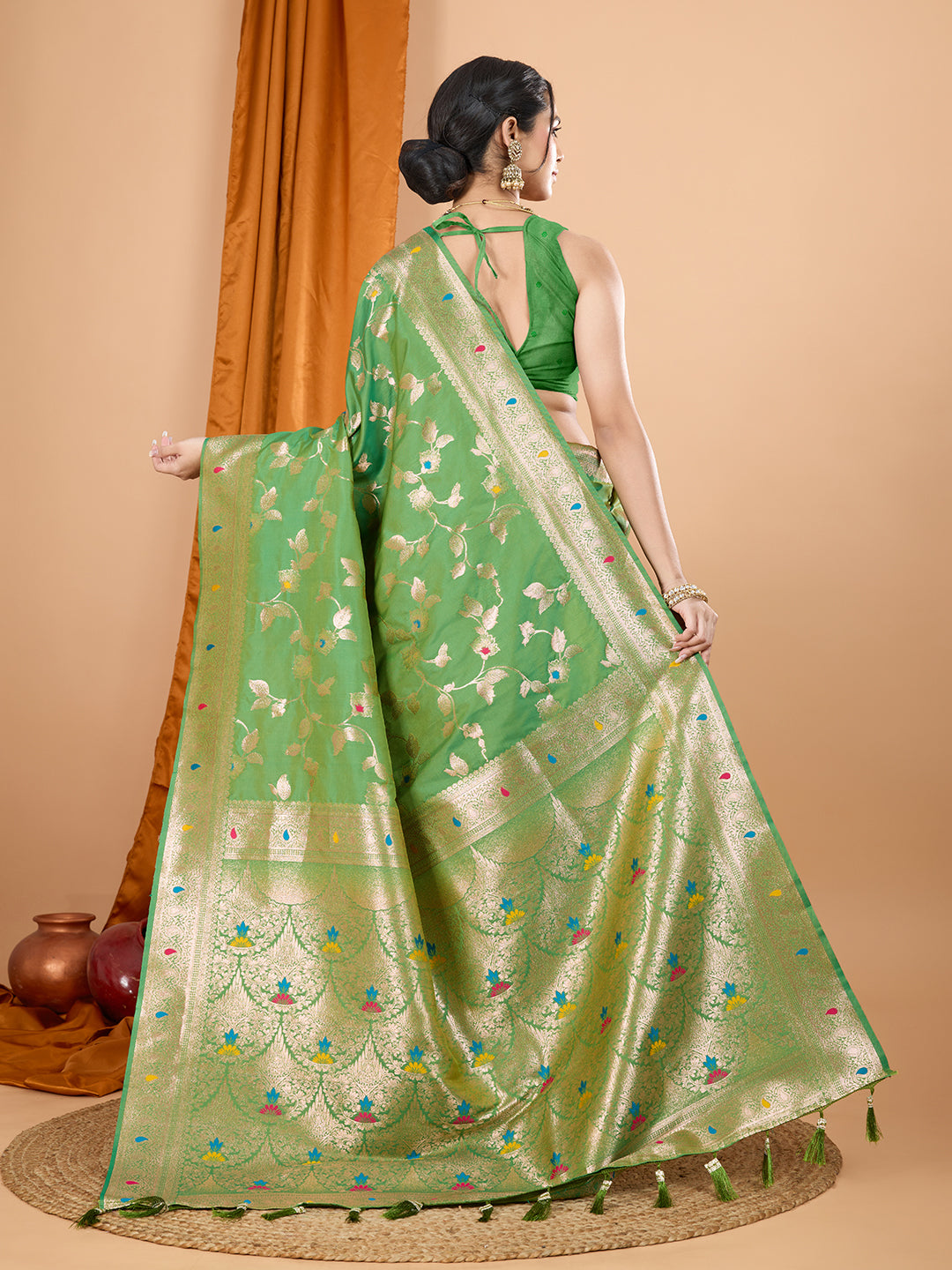 Dwija Fashion Green Party Wear Banarsi Silk With Jari Weaving Work Saree With Unstitched Blouse