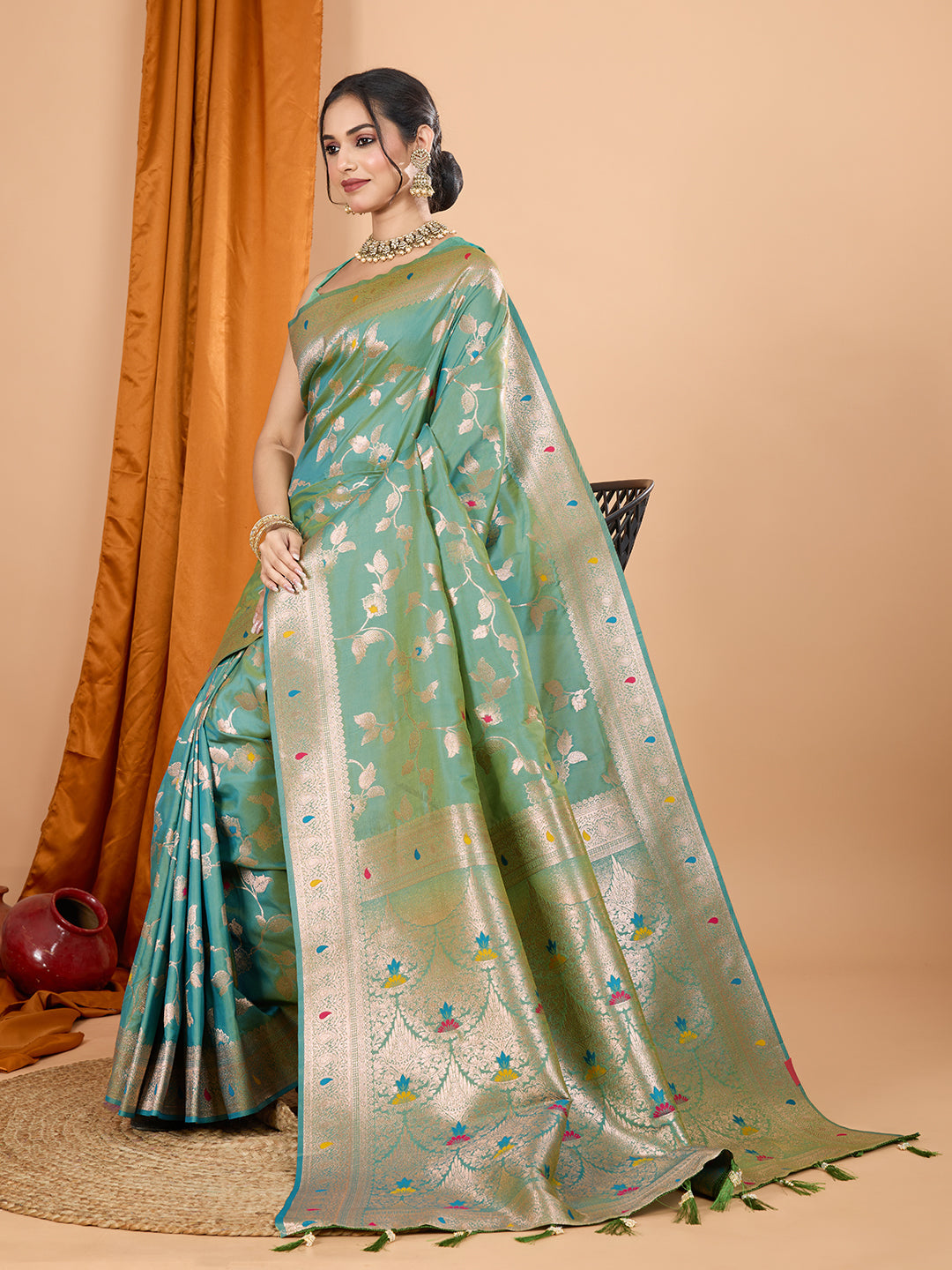 Dwija Fashion Green Party Wear Banarsi Silk With Jari Weaving Work Saree With Unstitched Blouse