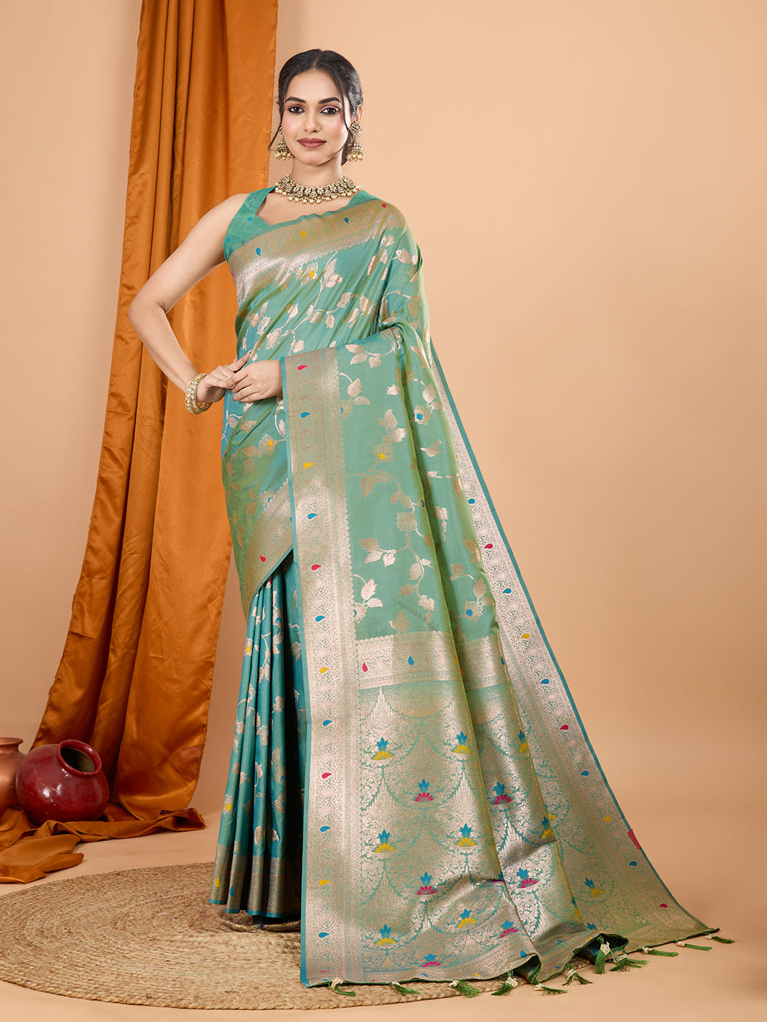 Dwija Fashion Green Party Wear Banarsi Silk With Jari Weaving Work Saree With Unstitched Blouse