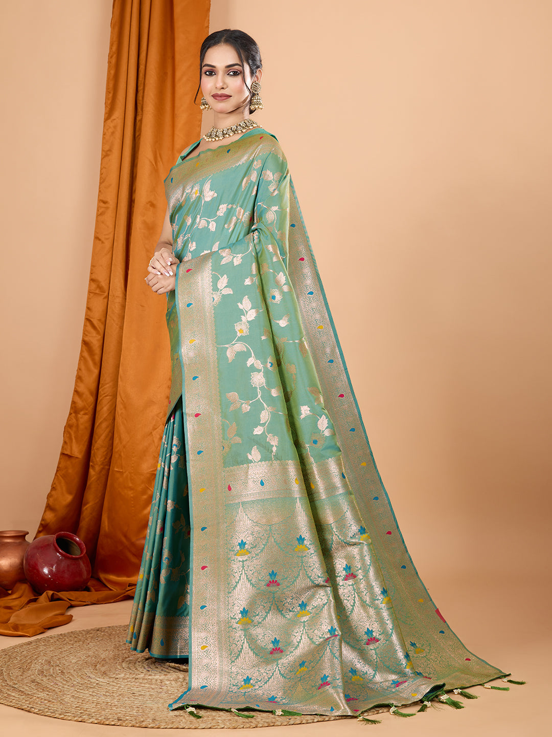 Dwija Fashion Green Party Wear Banarsi Silk With Jari Weaving Work Saree With Unstitched Blouse