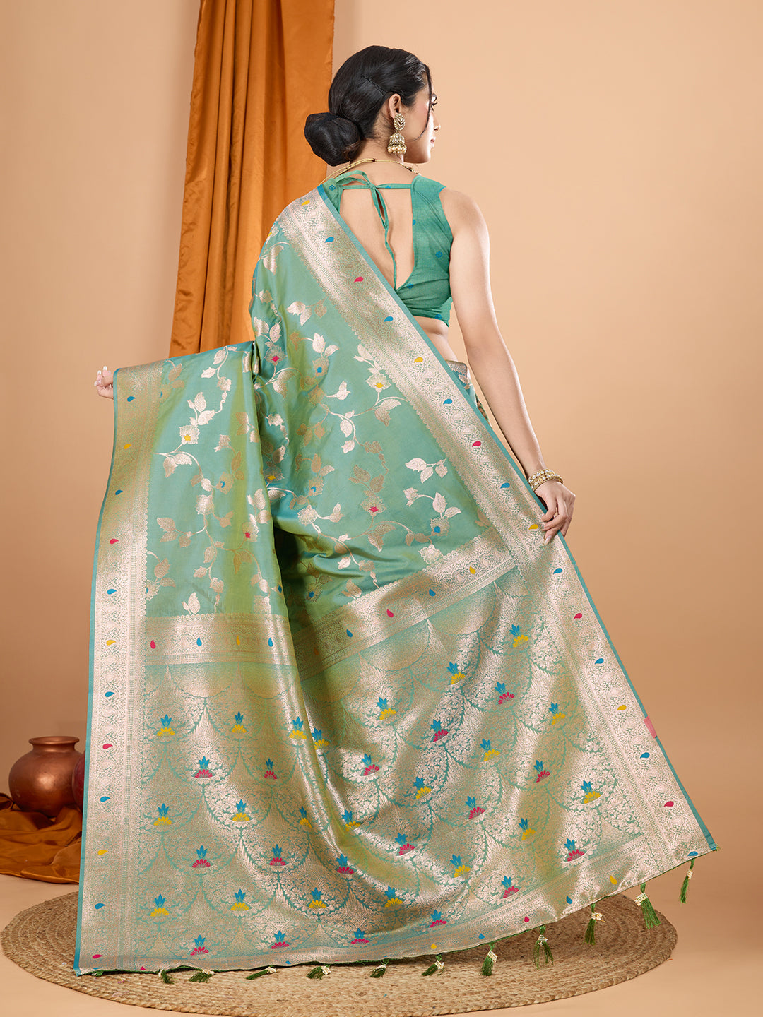 Dwija Fashion Green Party Wear Banarsi Silk With Jari Weaving Work Saree With Unstitched Blouse