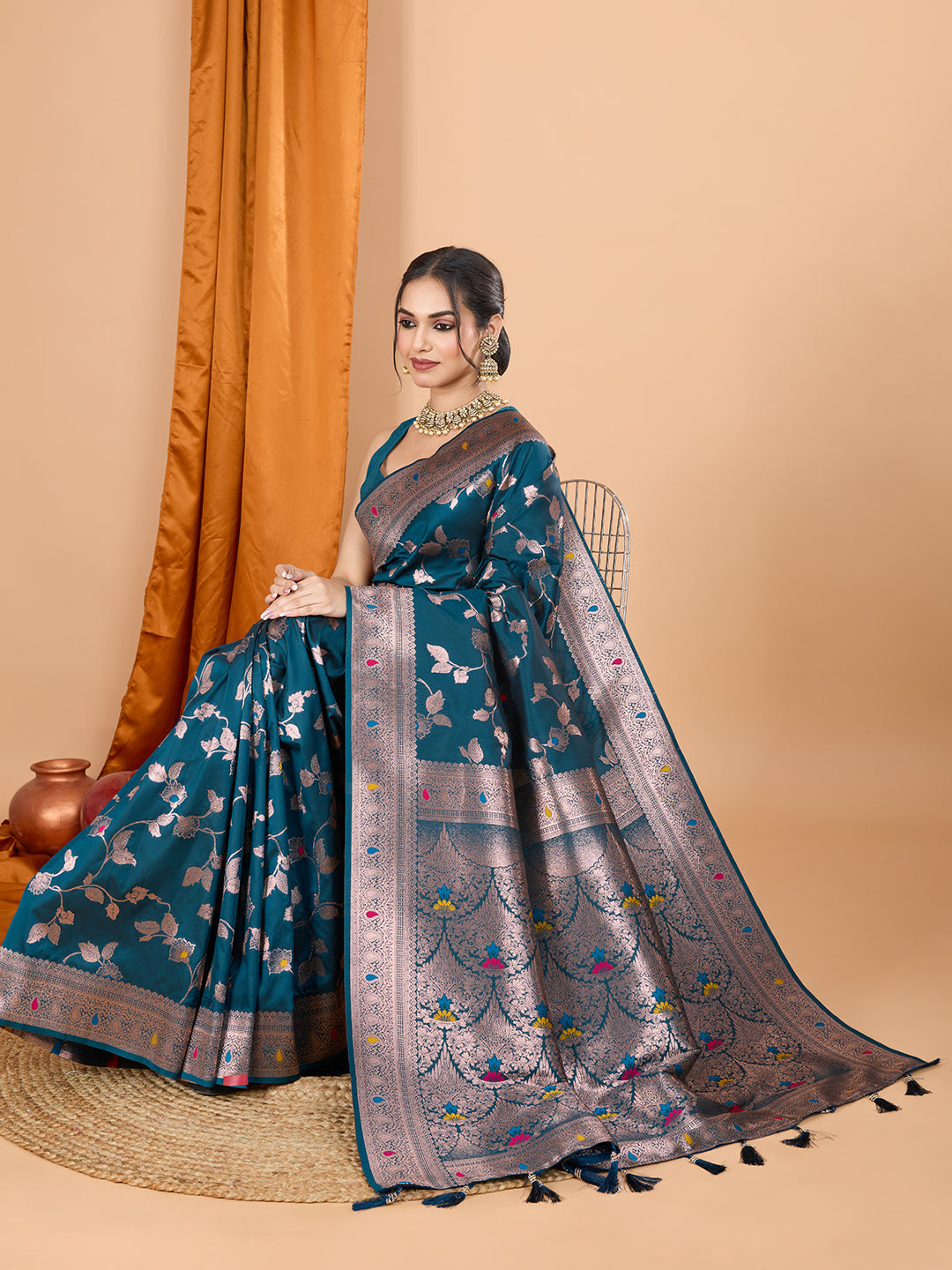 Dwija Fashion Teal Blue Party Wear Banarsi Silk With Jari Weaving Work Saree With Unstitched Blouse