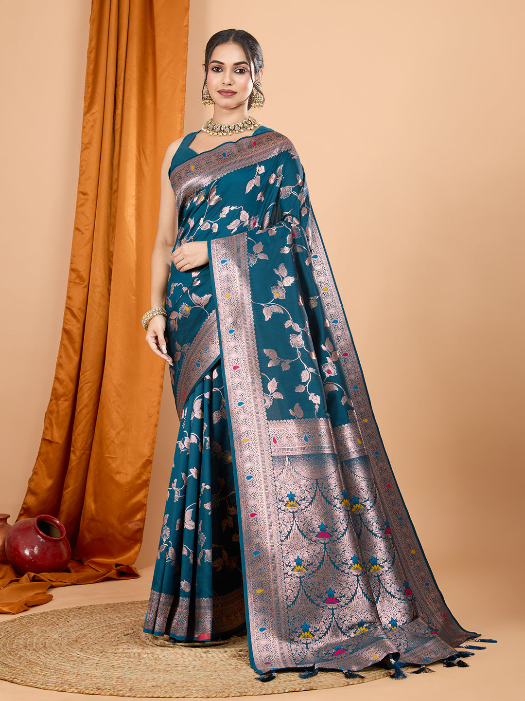 Dwija Fashion Teal Blue Party Wear Banarsi Silk With Jari Weaving Work Saree With Unstitched Blouse