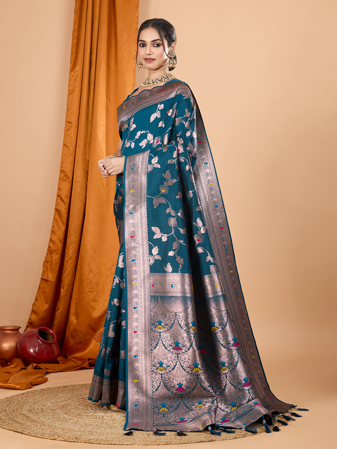 Dwija Fashion Teal Blue Party Wear Banarsi Silk With Jari Weaving Work Saree With Unstitched Blouse