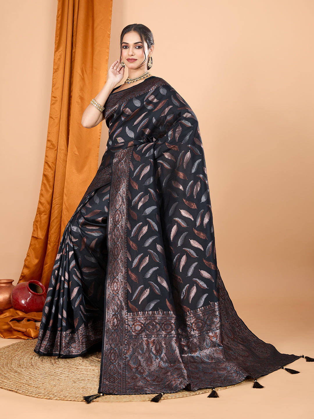 Dwija Fashion Black Wedding Wear Pure Silk Jari Weaving Work Saree With Unstitched Blouse