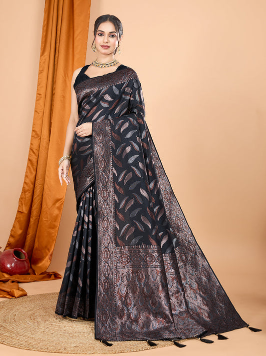 Dwija Fashion Black Wedding Wear Pure Silk Jari Weaving Work Saree With Unstitched Blouse