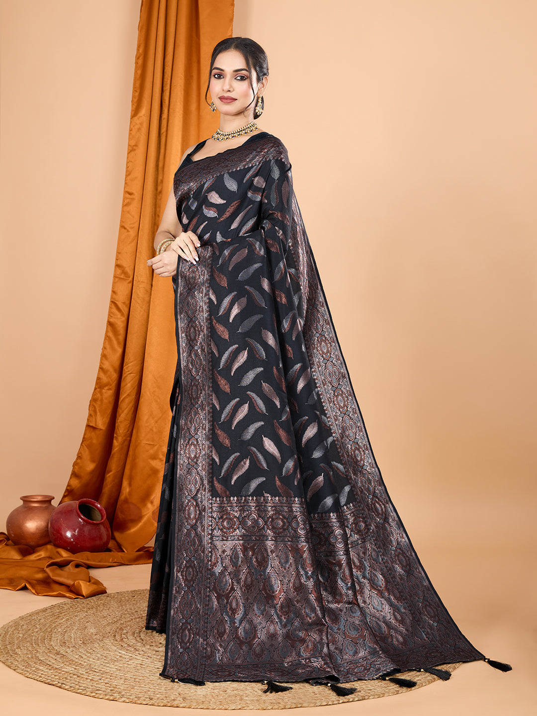 Dwija Fashion Black Wedding Wear Pure Silk Jari Weaving Work Saree With Unstitched Blouse