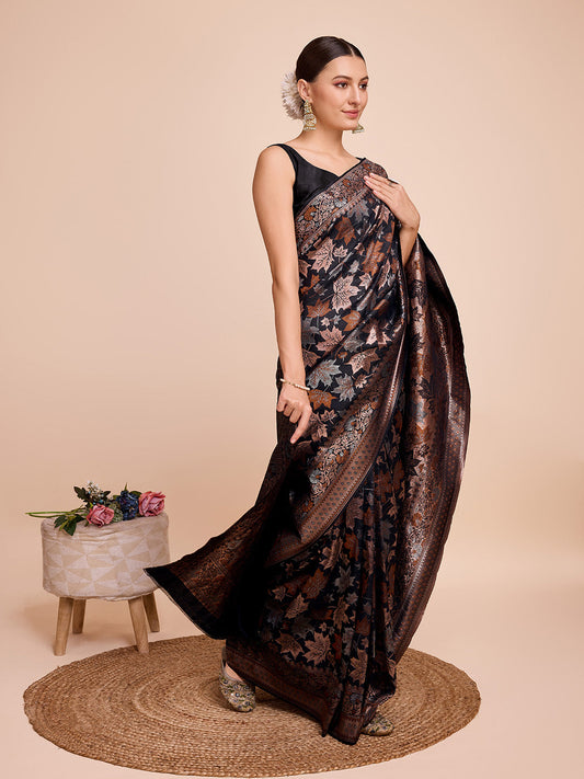 Dwija Fashion Black Wedding Wear Pure Silk Jari Weaving Work Saree With Unstitched Blouse