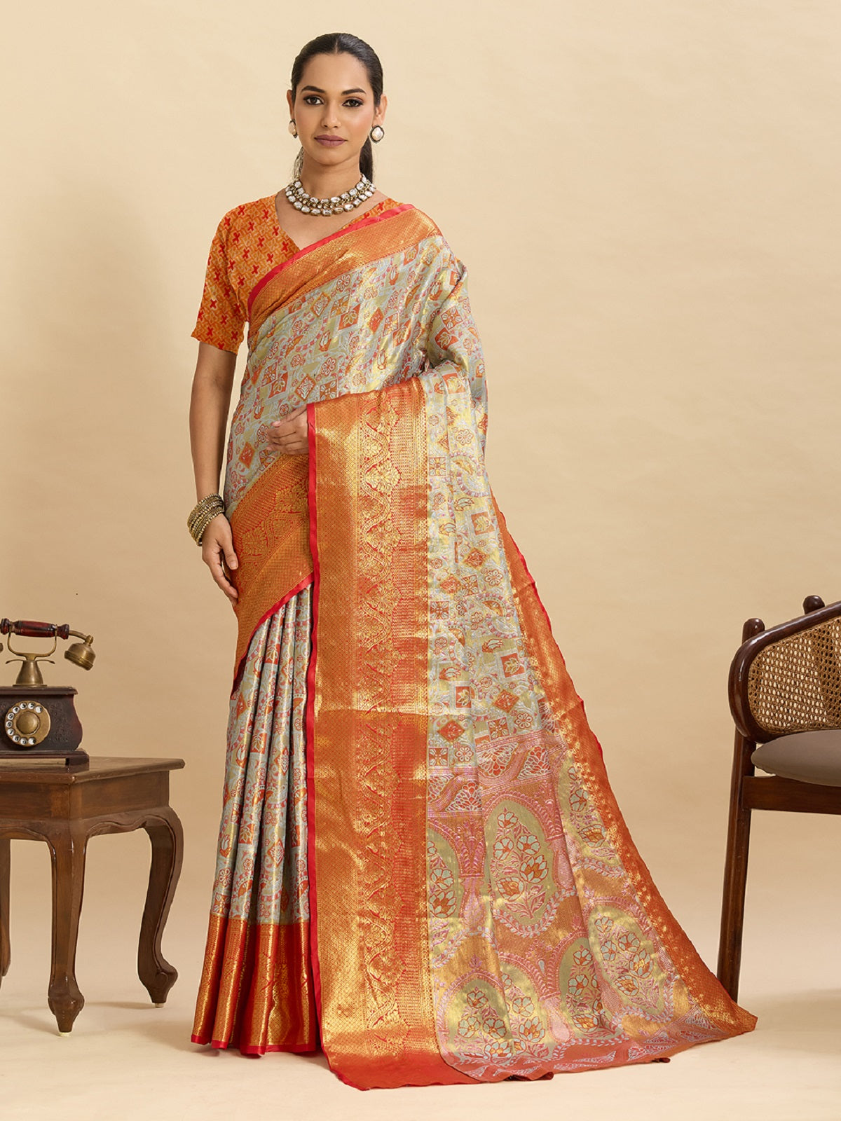 Dwija Fashion Grey Wedding Wear Kanjivaram Silk Jari Weaving With Unstitched Blouse
