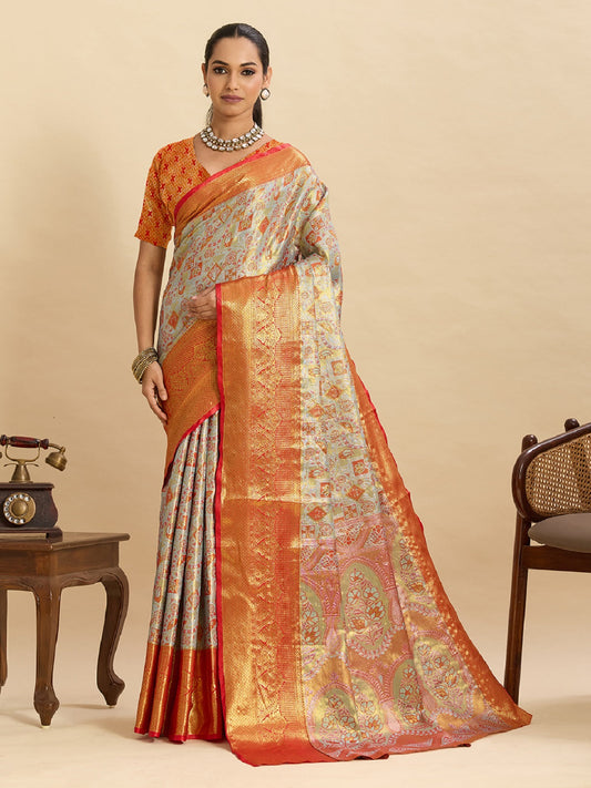 Dwija Fashion Grey Wedding Wear Kanjivaram Silk Jari Weaving With Unstitched Blouse