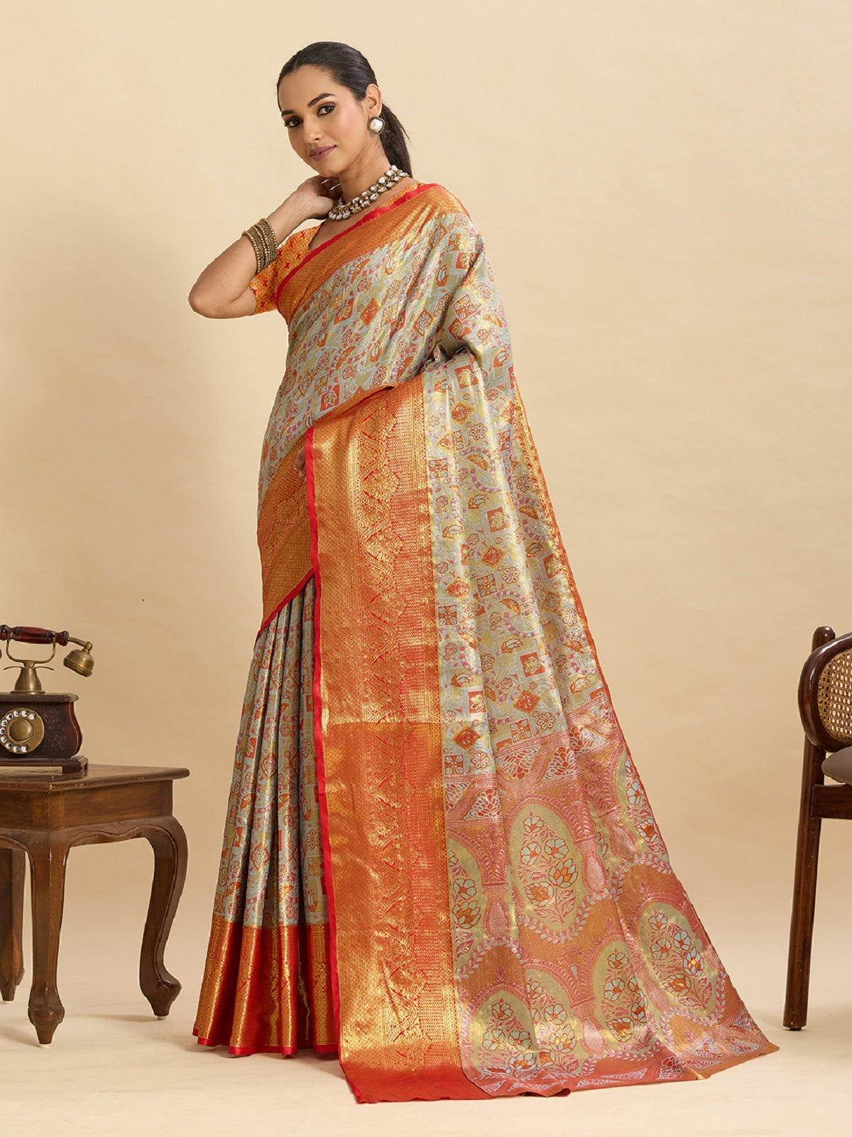 Dwija Fashion Grey Wedding Wear Kanjivaram Silk Jari Weaving With Unstitched Blouse