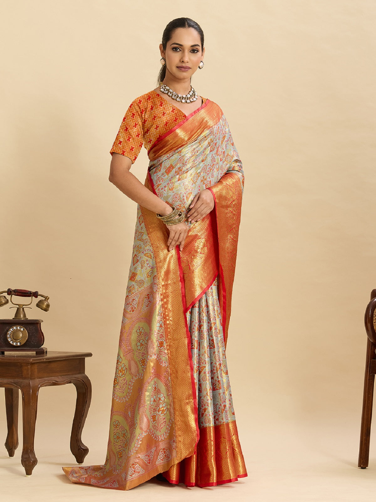 Dwija Fashion Grey Wedding Wear Kanjivaram Silk Jari Weaving With Unstitched Blouse