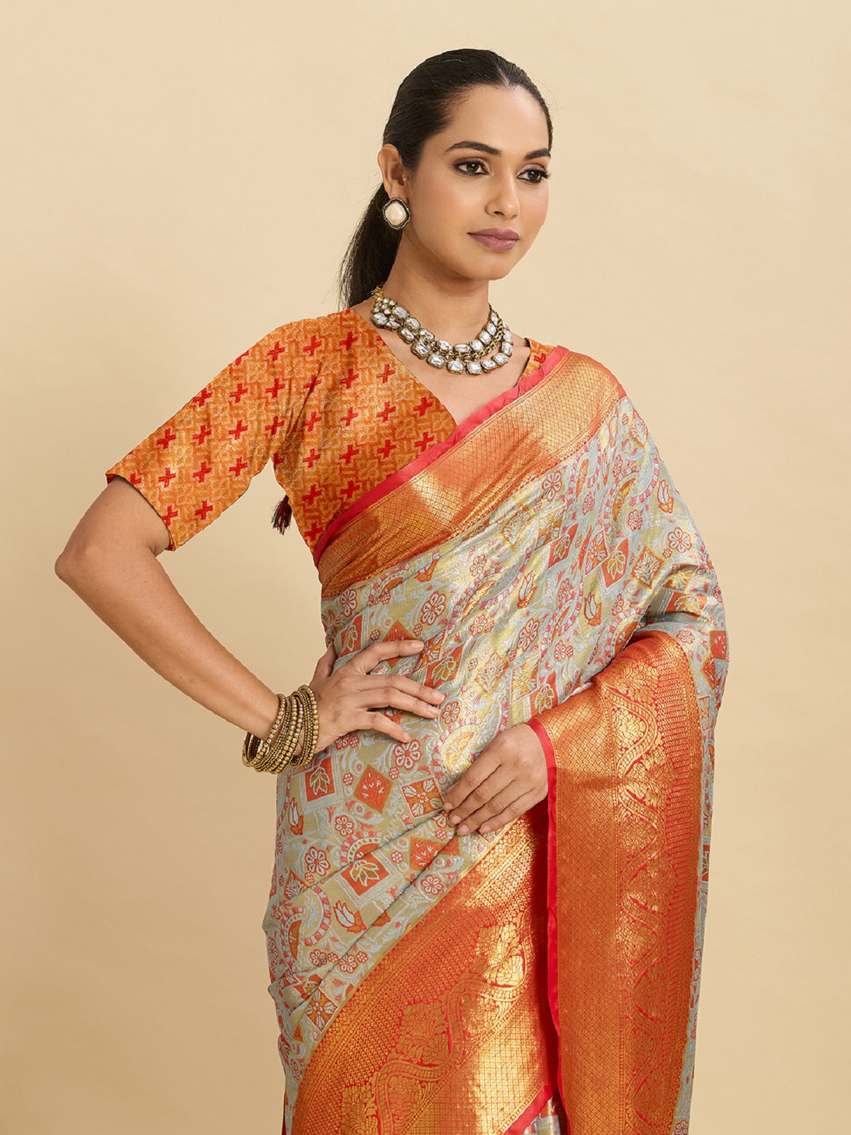 Dwija Fashion Grey Wedding Wear Kanjivaram Silk Jari Weaving With Unstitched Blouse