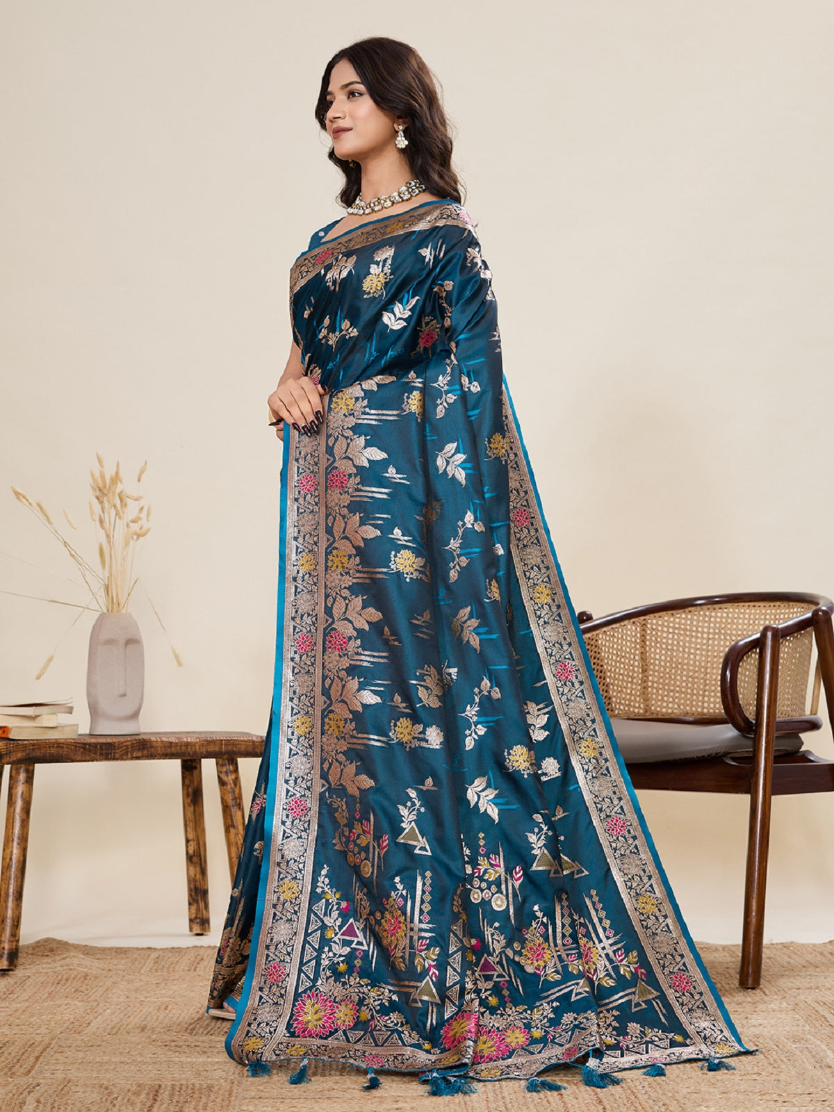 Dwija Fashion Teal Blue Wedding Wear Satin Paithani Jari Motifs Work With Unstitched Blouse
