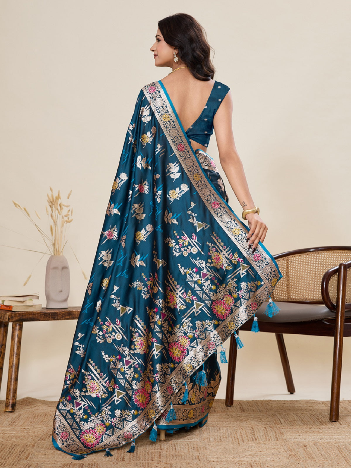 Dwija Fashion Teal Blue Wedding Wear Satin Paithani Jari Motifs Work With Unstitched Blouse