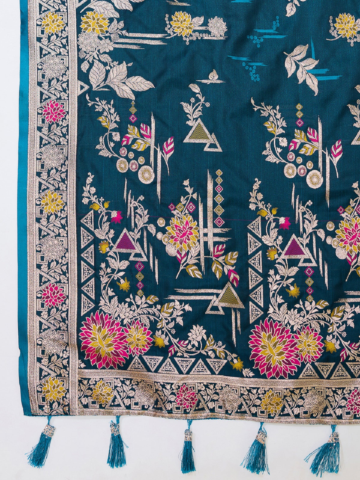 Dwija Fashion Teal Blue Wedding Wear Satin Paithani Jari Motifs Work With Unstitched Blouse