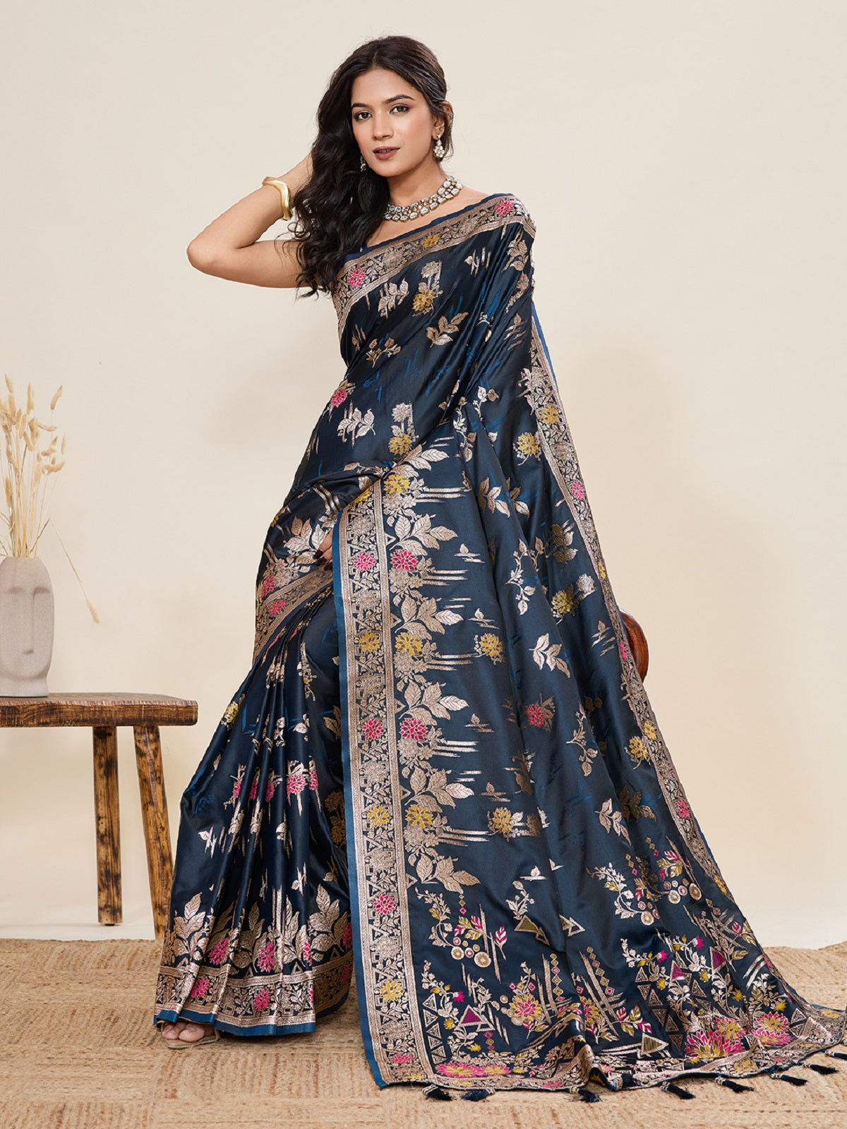 Dwija Fashion Teal Blue Wedding Wear Satin Paithani Jari Motifs Work With Unstitched Blouse