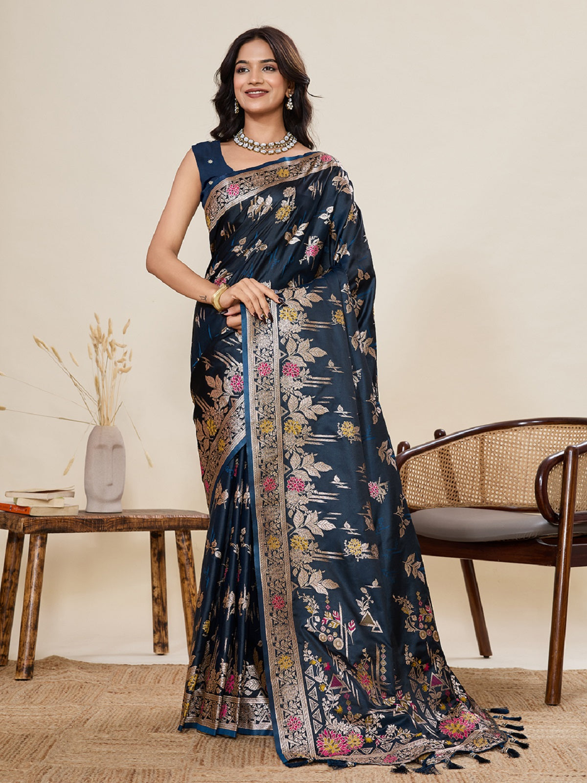 Dwija Fashion Teal Blue Wedding Wear Satin Paithani Jari Motifs Work With Unstitched Blouse