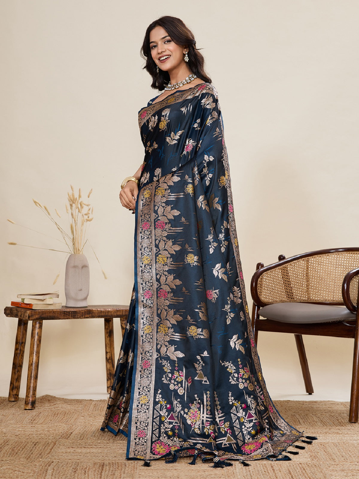 Dwija Fashion Teal Blue Wedding Wear Satin Paithani Jari Motifs Work With Unstitched Blouse
