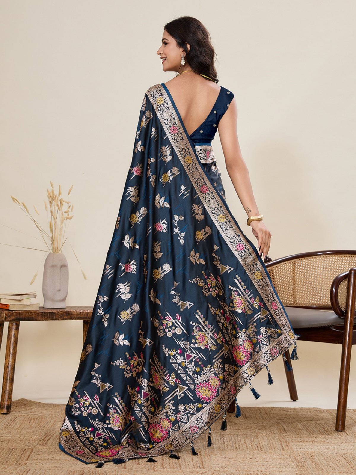 Dwija Fashion Teal Blue Wedding Wear Satin Paithani Jari Motifs Work With Unstitched Blouse