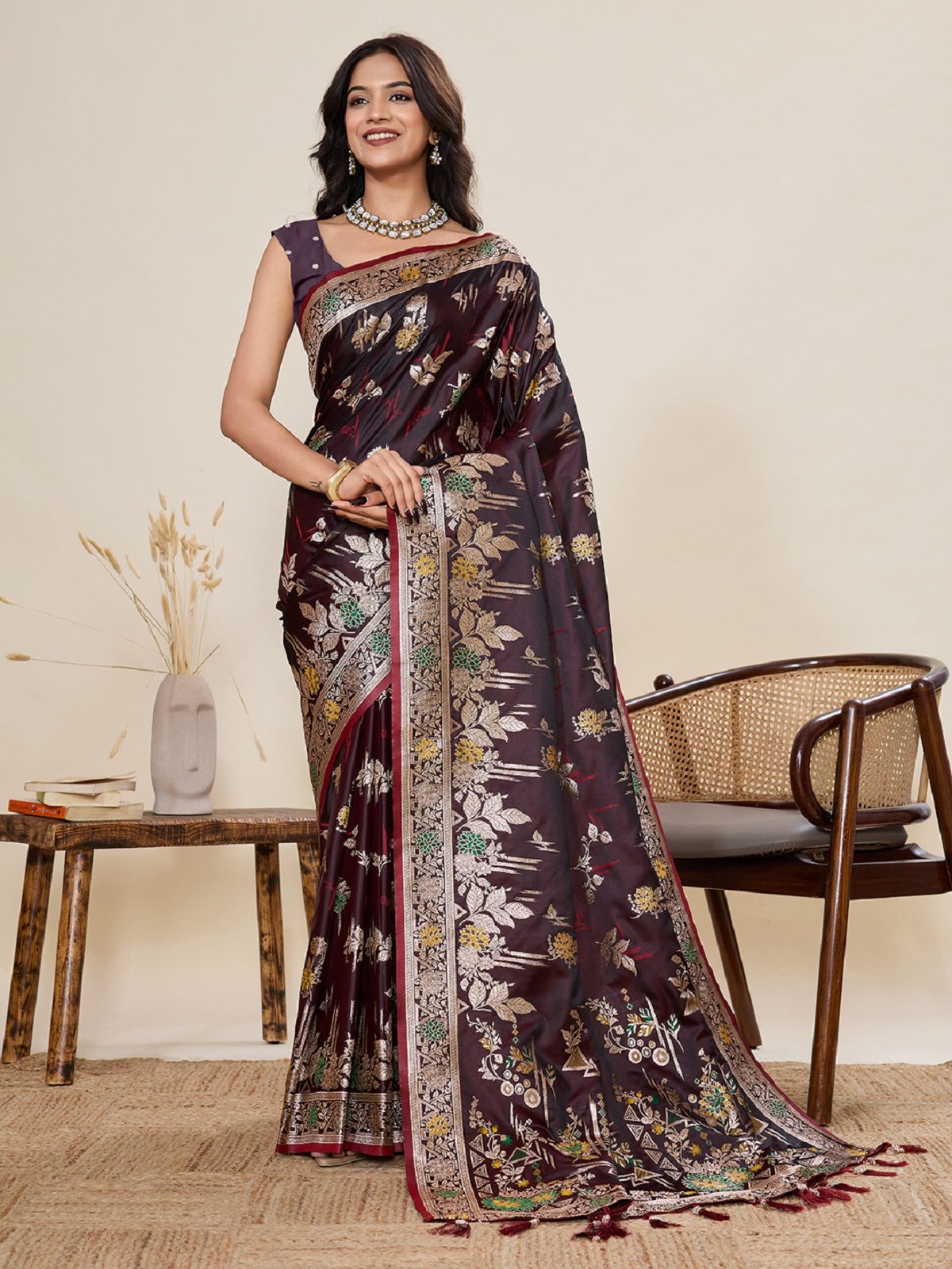 Dwija Fashion Deep Maroon Wedding Wear Satin Paithani Jari Motifs Work With Unstitched Blouse