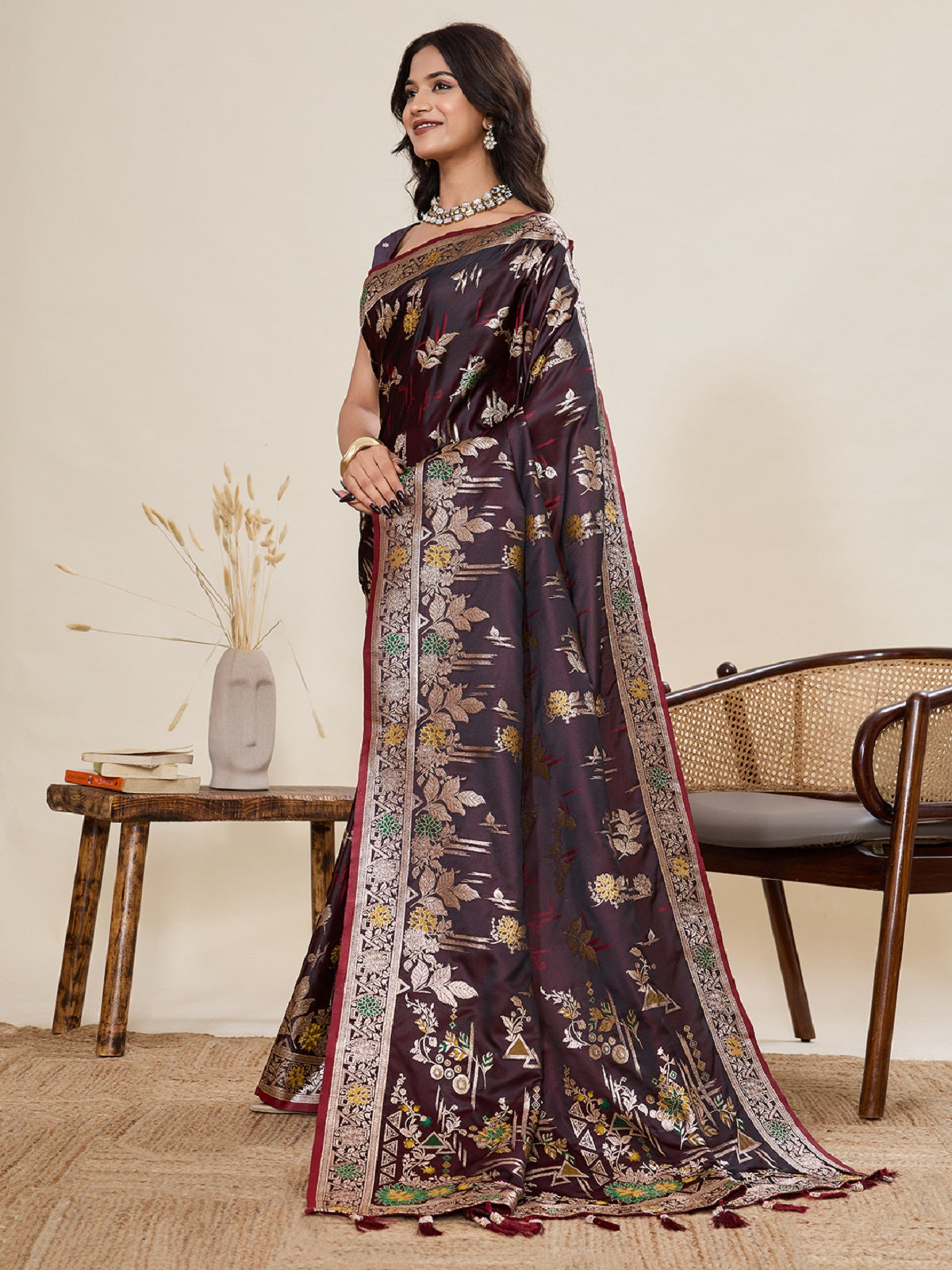 Dwija Fashion Deep Maroon Wedding Wear Satin Paithani Jari Motifs Work With Unstitched Blouse