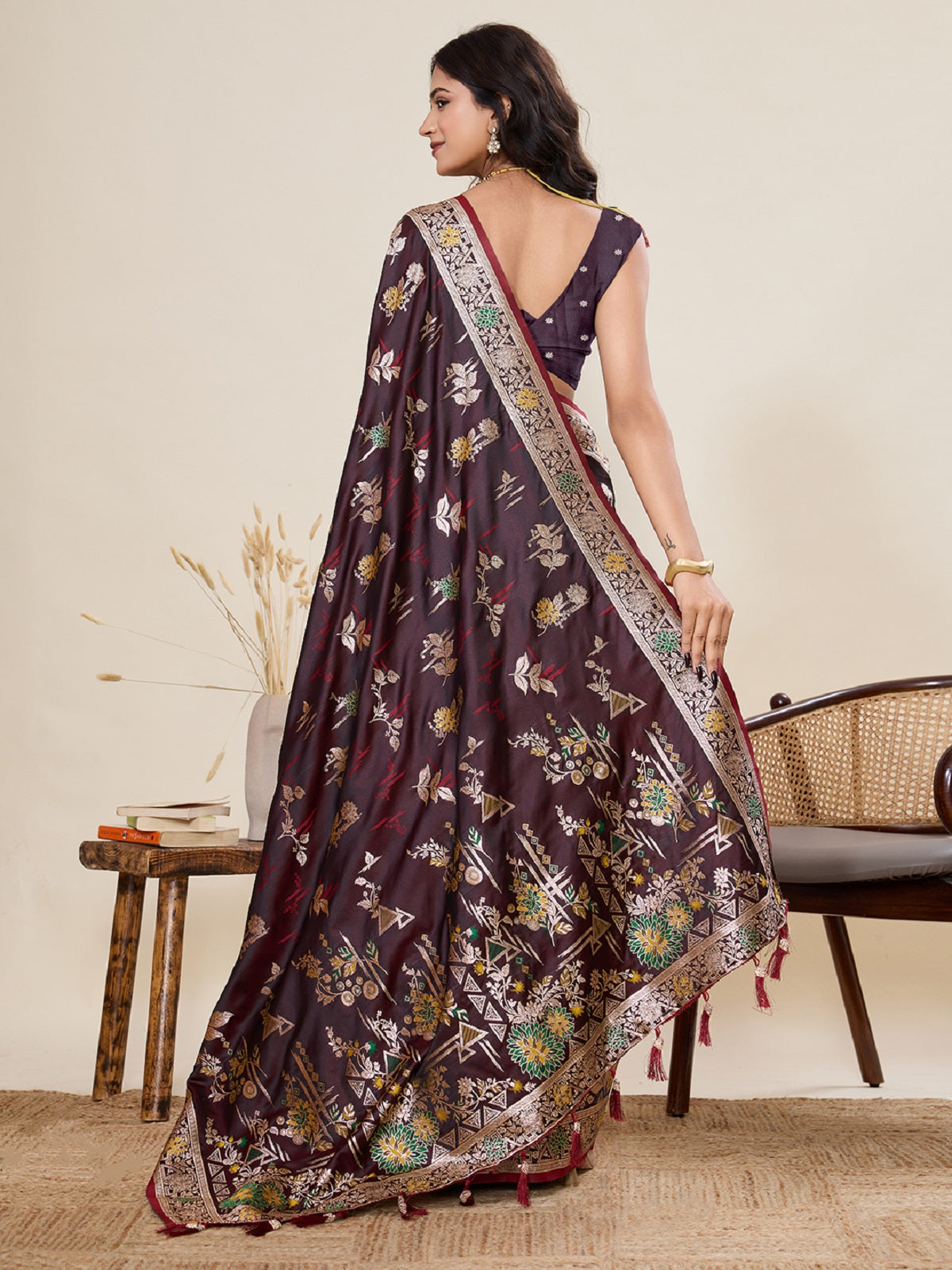Dwija Fashion Deep Maroon Wedding Wear Satin Paithani Jari Motifs Work With Unstitched Blouse