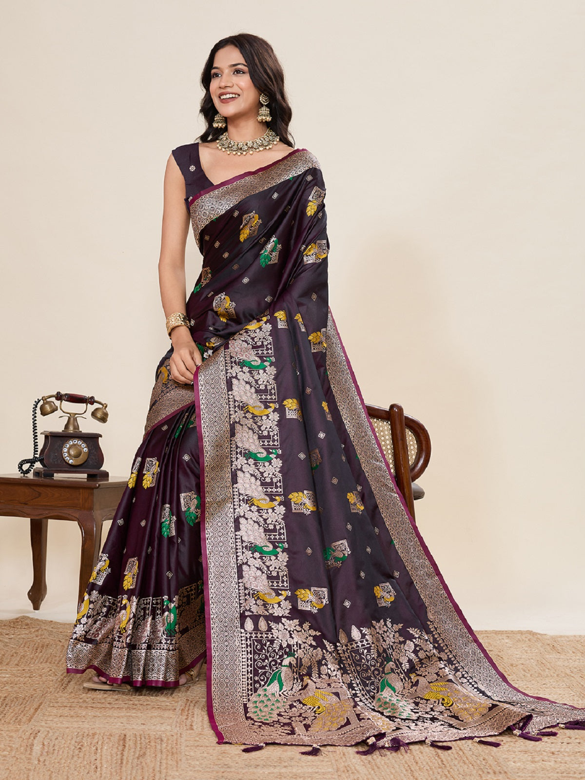 Dwija Fashion Deep Maroon Wedding Wear Satin Paithani Jari Motifs Work With Unstitched Blouse