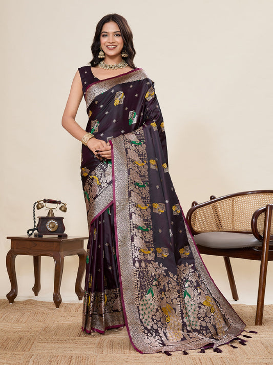 Dwija Fashion Deep Maroon Wedding Wear Satin Paithani Jari Motifs Work With Unstitched Blouse