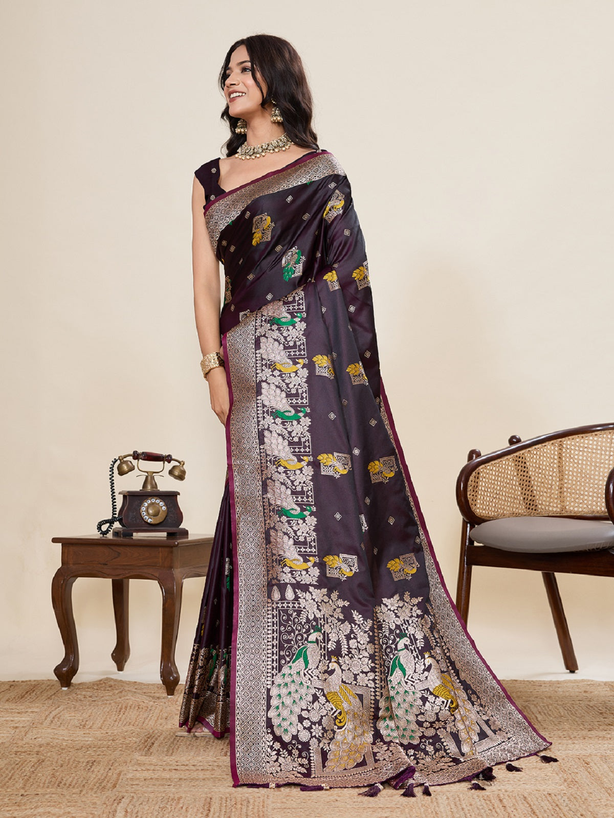 Dwija Fashion Deep Maroon Wedding Wear Satin Paithani Jari Motifs Work With Unstitched Blouse