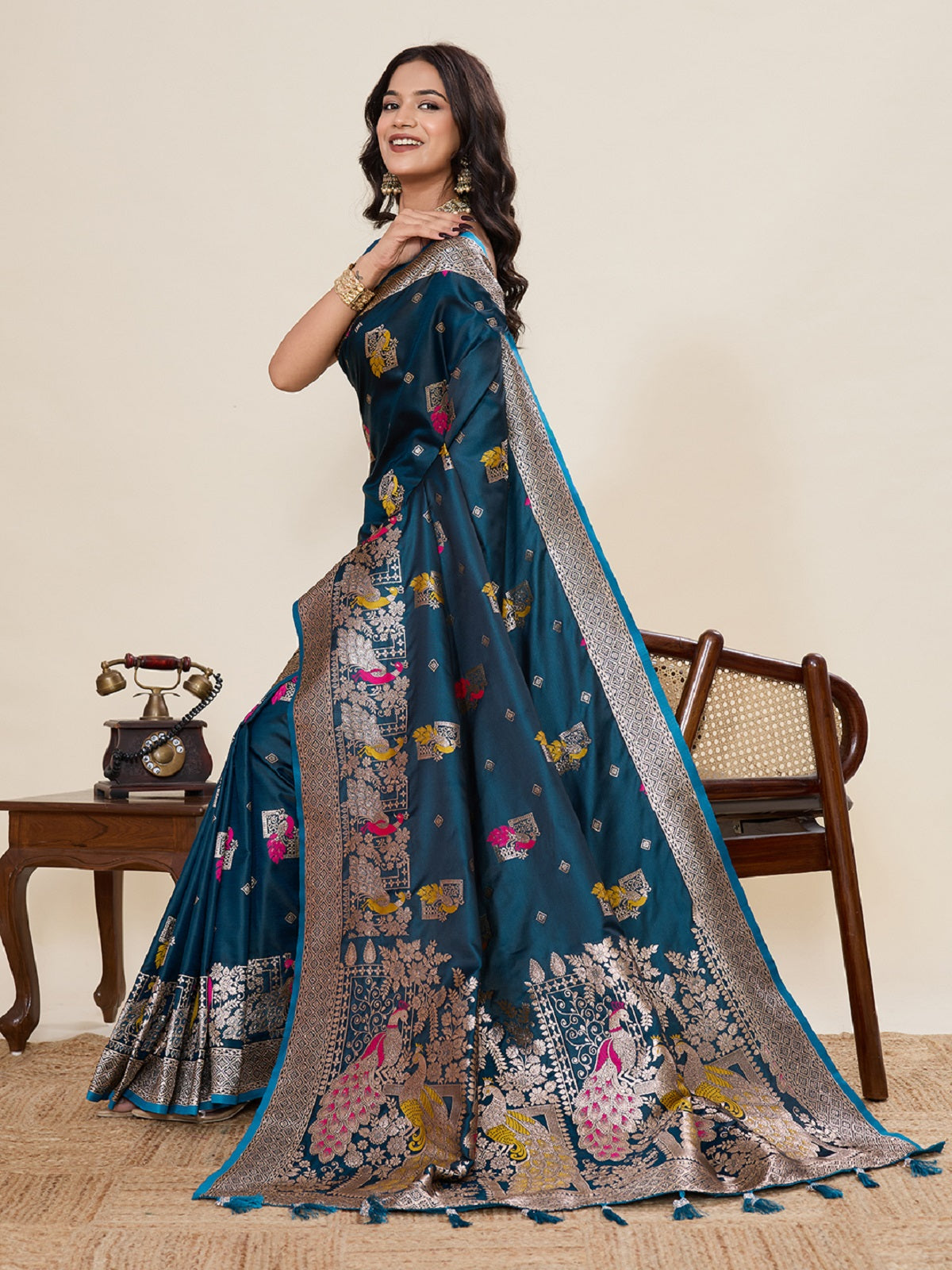 Dwija Fashion Teal Blue Wedding Wear Satin Paithani Jari Motifs Work With Unstitched Blouse