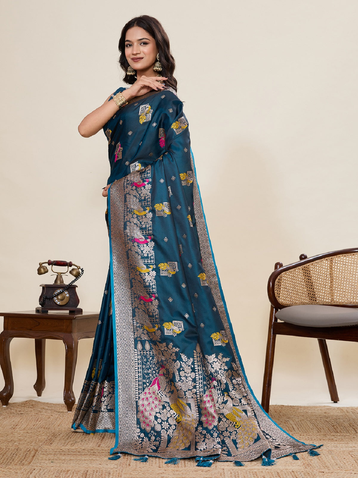 Dwija Fashion Teal Blue Wedding Wear Satin Paithani Jari Motifs Work With Unstitched Blouse