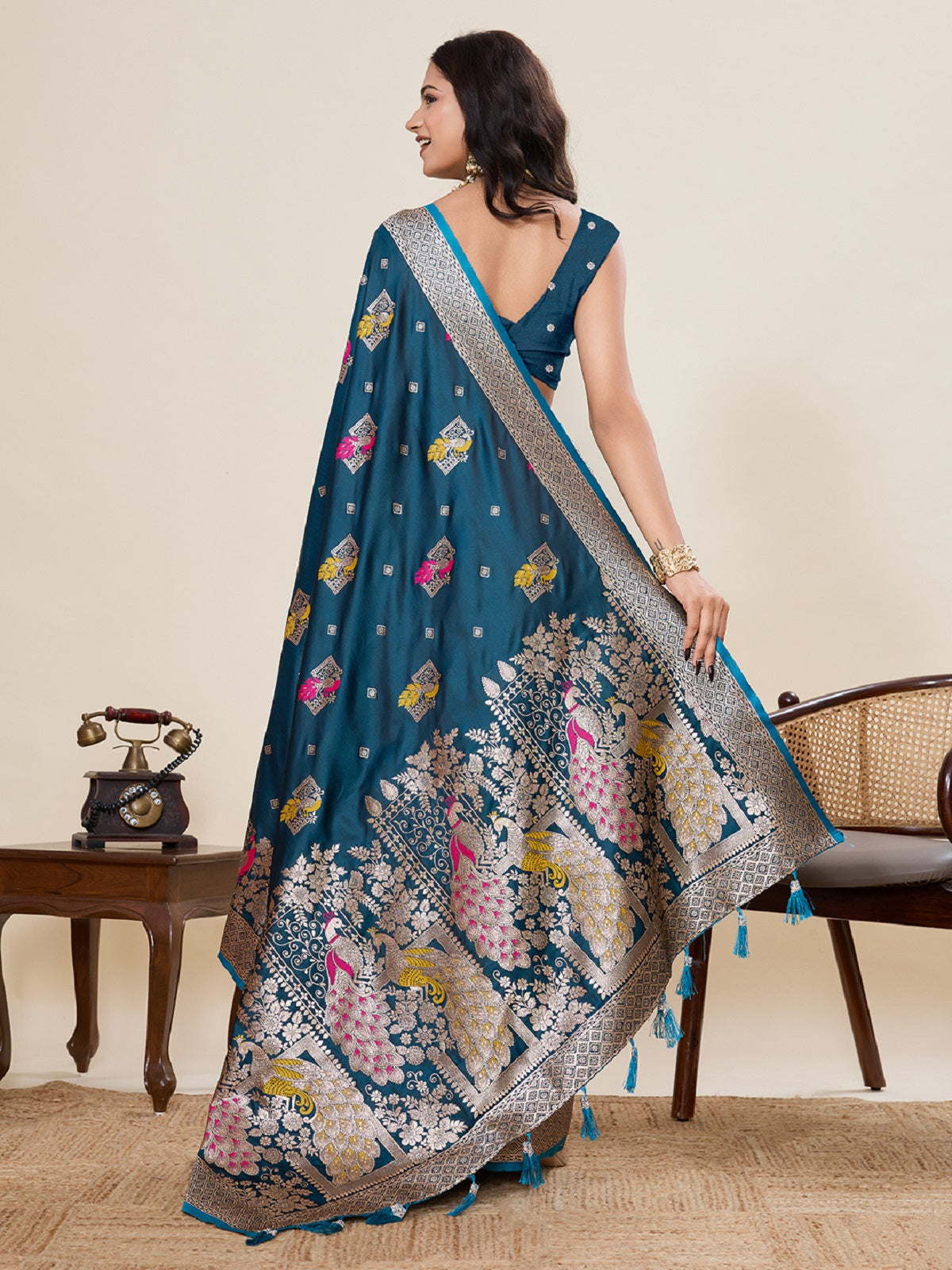 Dwija Fashion Teal Blue Wedding Wear Satin Paithani Jari Motifs Work With Unstitched Blouse