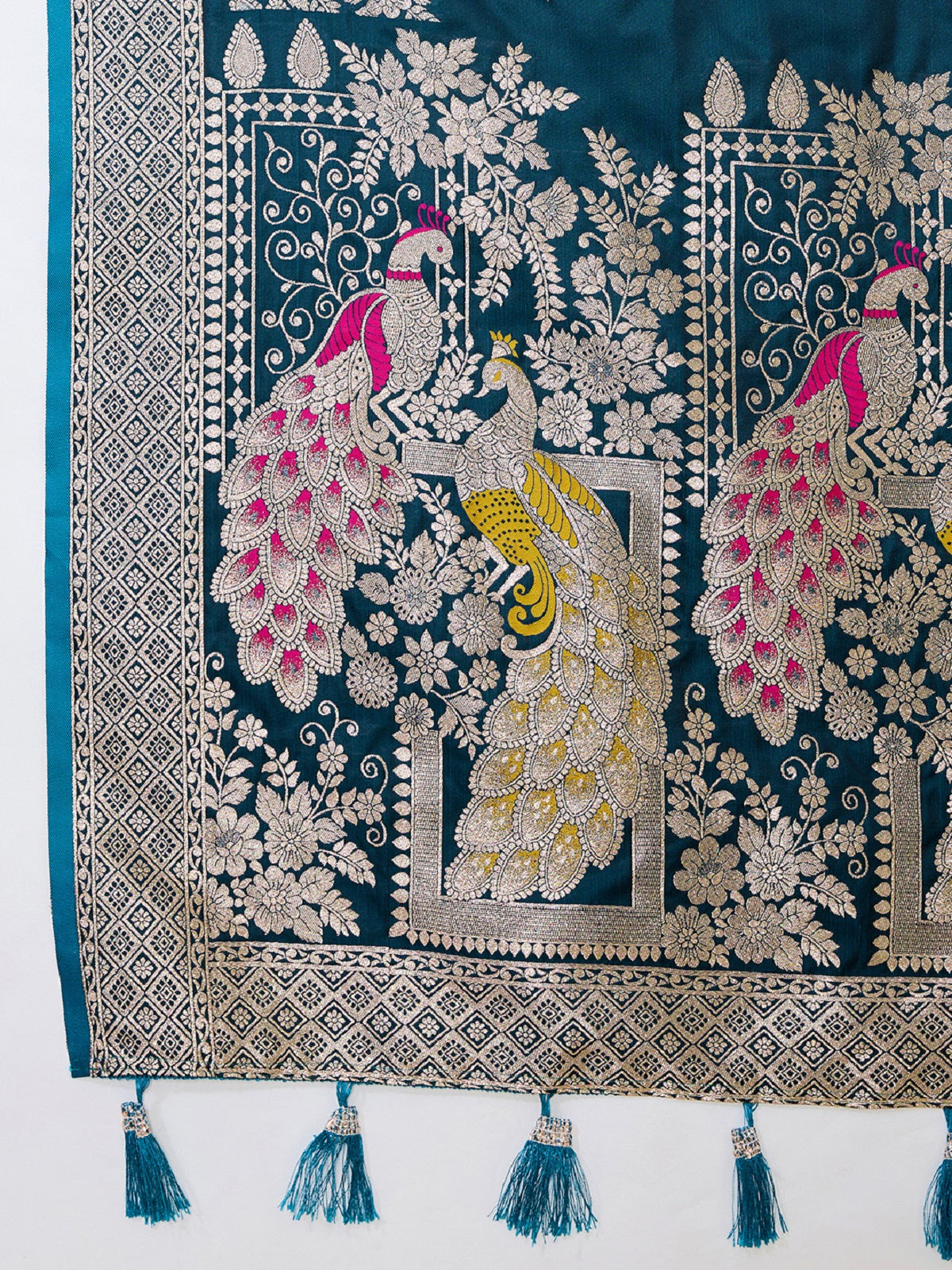 Dwija Fashion Teal Blue Wedding Wear Satin Paithani Jari Motifs Work With Unstitched Blouse