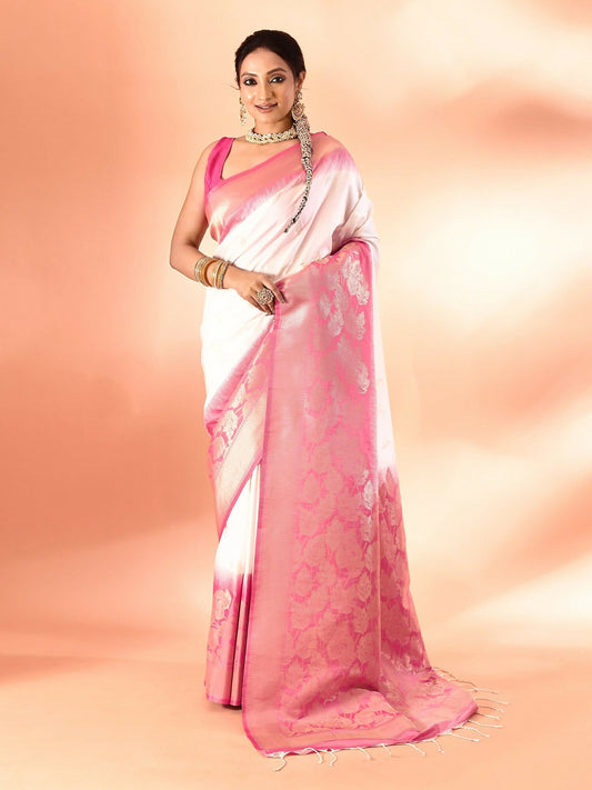 Joban Fashion White & Rani Pink Plain With Weaving Border Banarasi Silk Sarees 