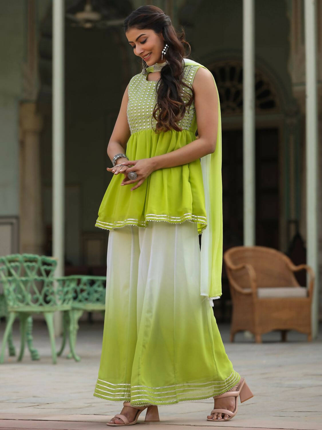 Juniper Women Green Georgette Embroidered Kurta, Palazzo and Dupatta Set