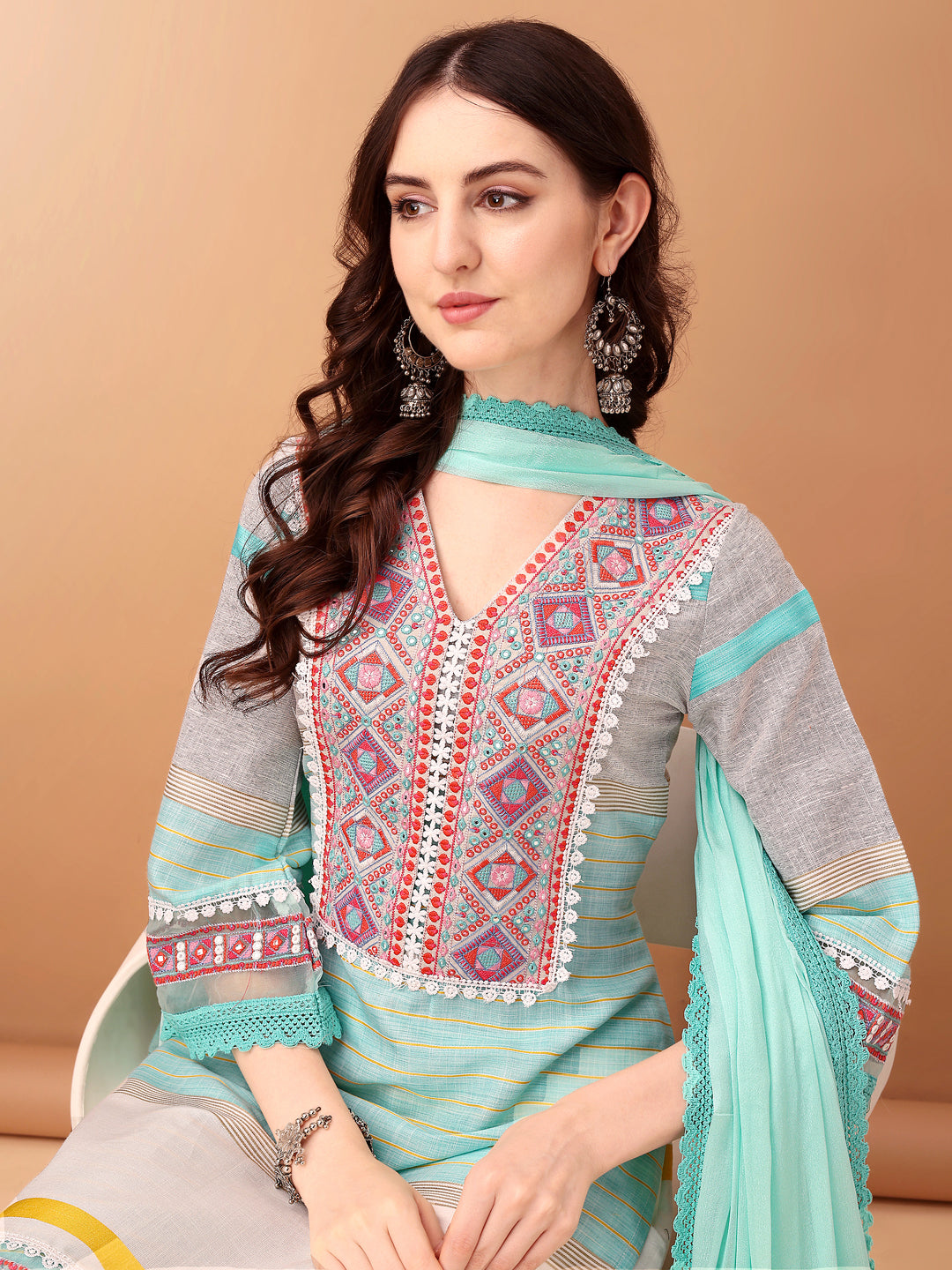 Embroidered & Printed Kurta With Pant & Dupatta Premium, Blue - Hiral Fashion