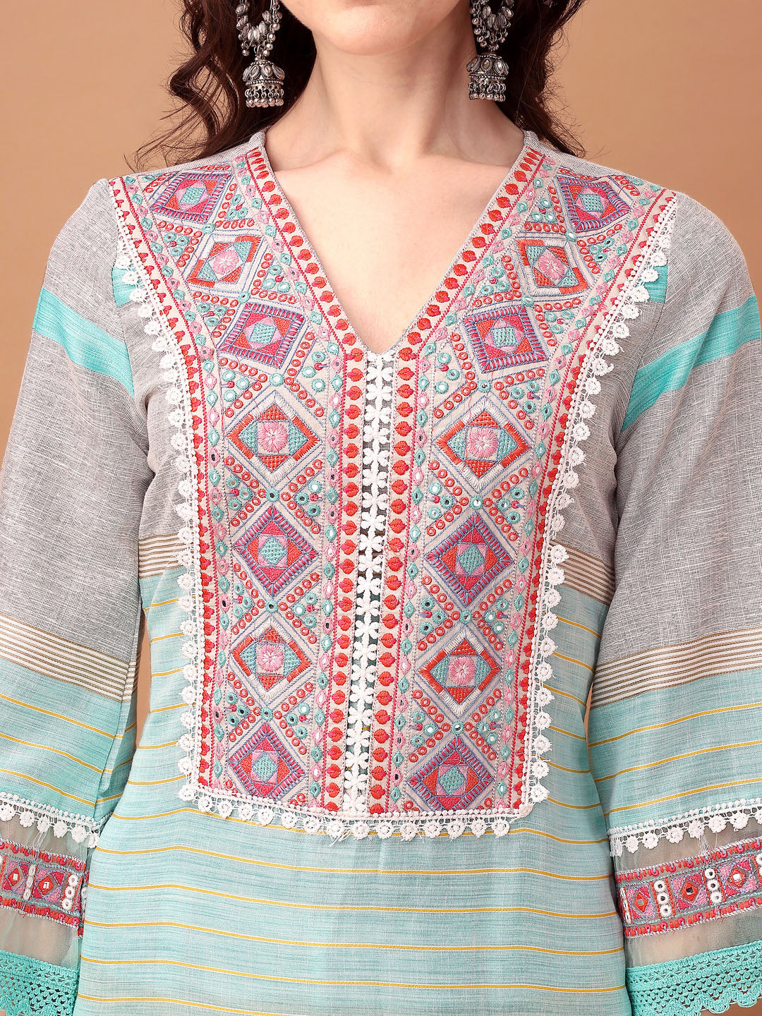 Embroidered & Printed Kurta With Pant & Dupatta Premium, Blue - Hiral Fashion
