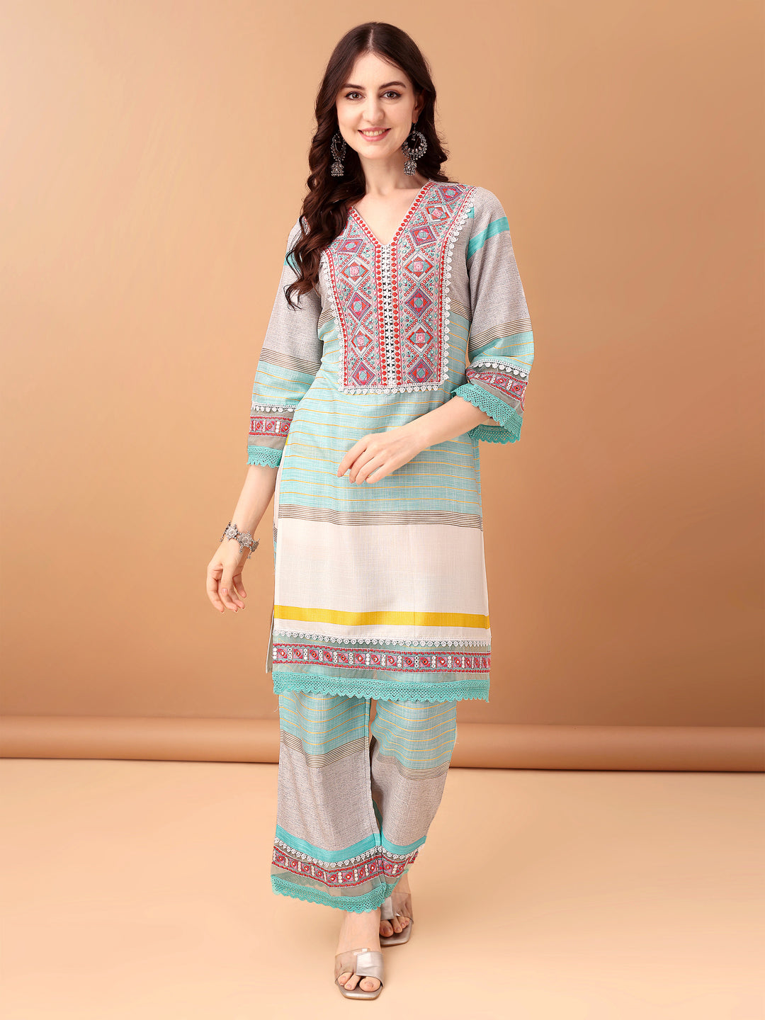 Embroidered & Printed Kurta With Pant & Dupatta Premium, Blue - Hiral Fashion