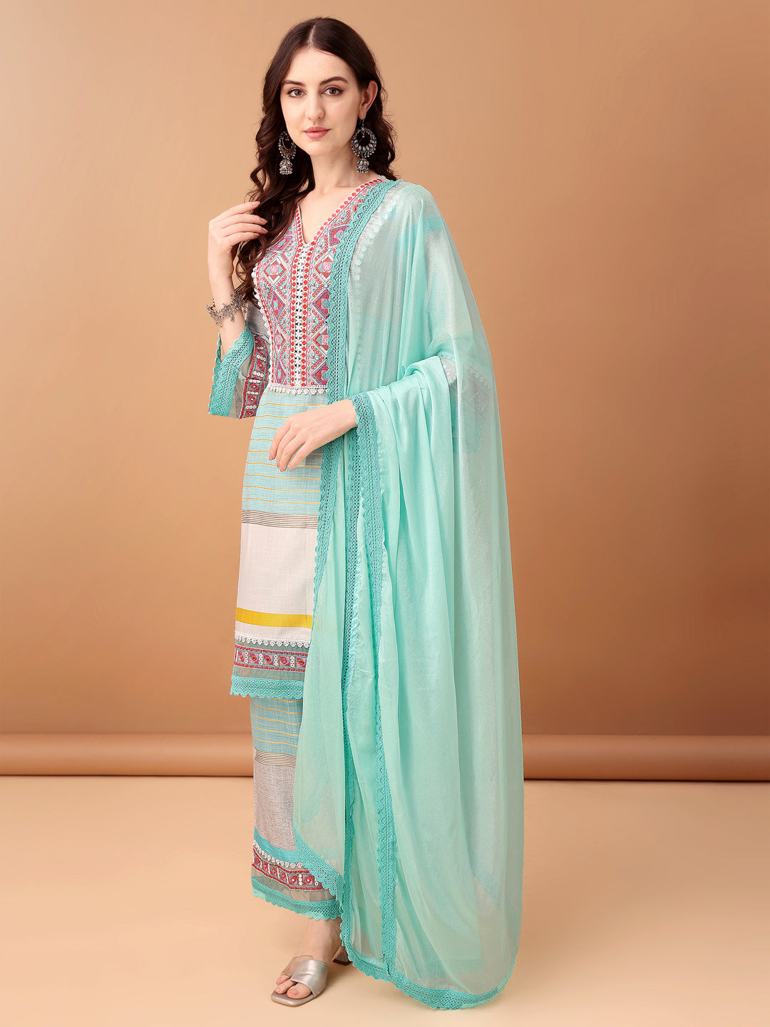 Embroidered & Printed Kurta With Pant & Dupatta Premium, Blue - Hiral Fashion