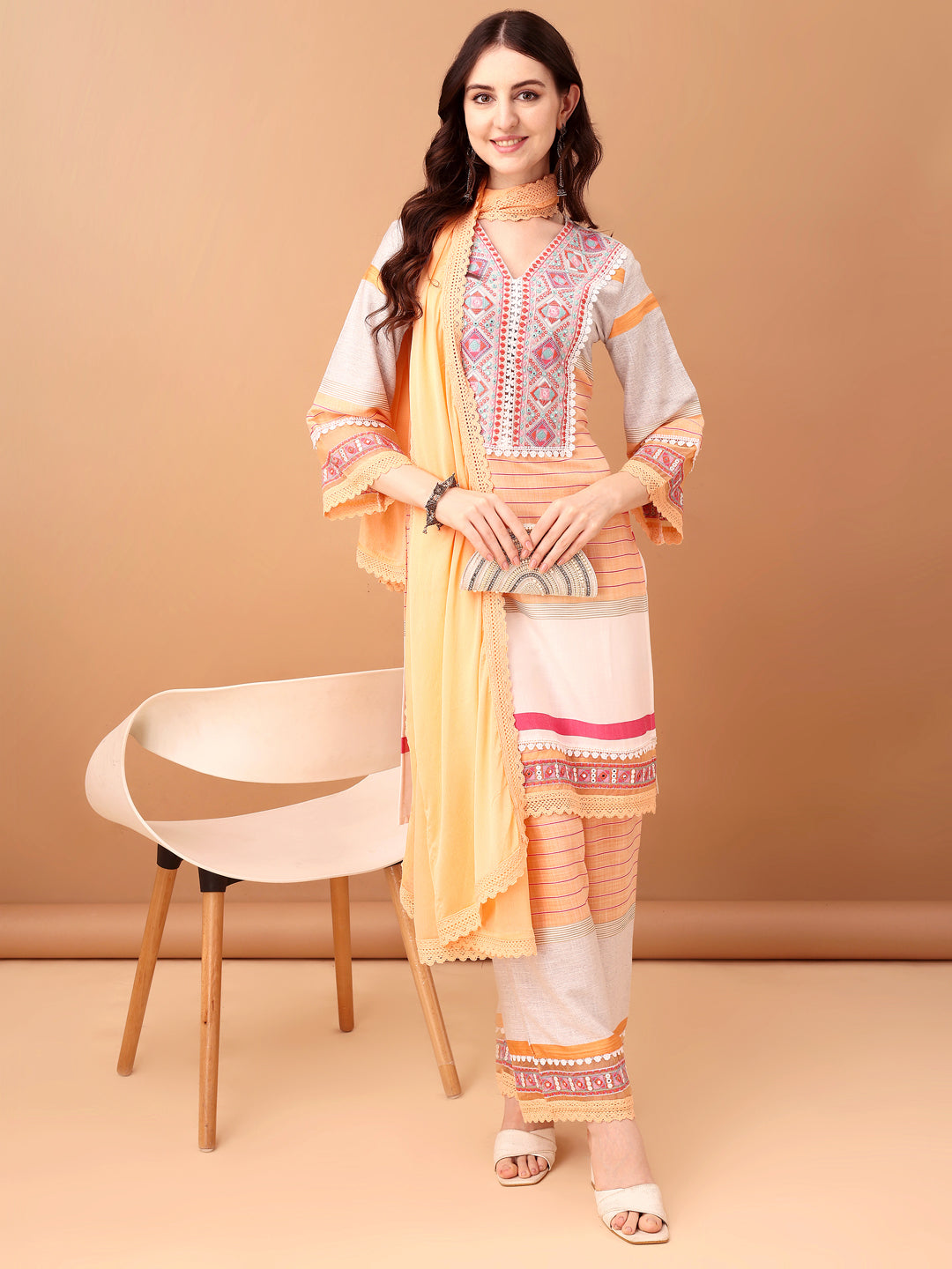 Embroidered & Printed Kurta With Pant & Dupatta Premium, Orange - Hiral Fashion