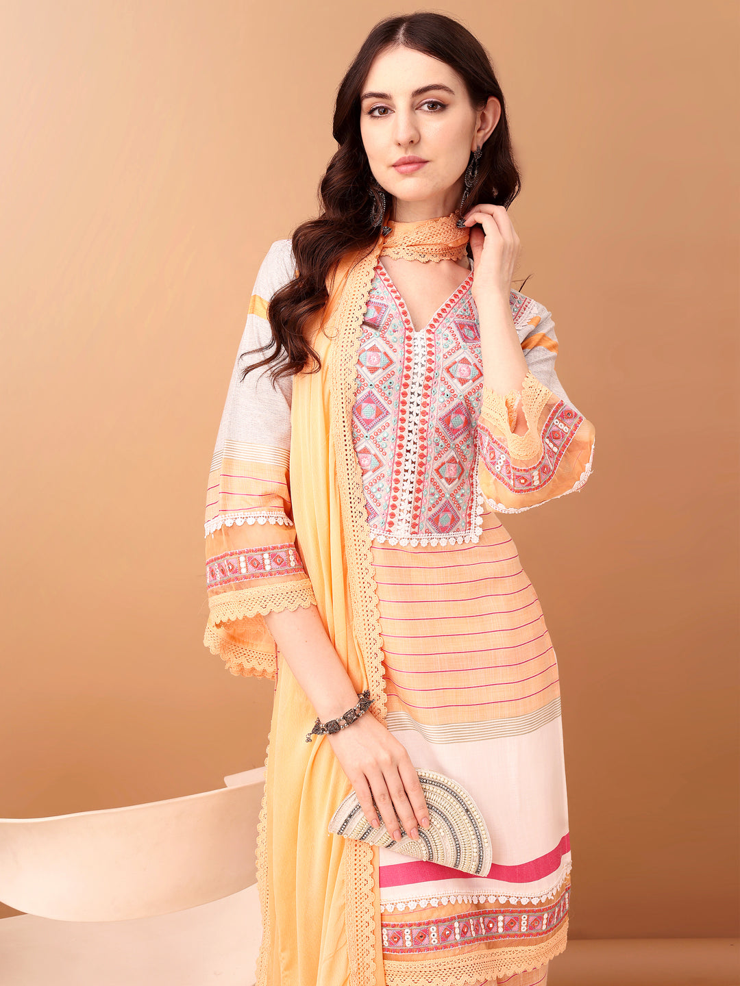 Embroidered & Printed Kurta With Pant & Dupatta Premium, Orange - Hiral Fashion