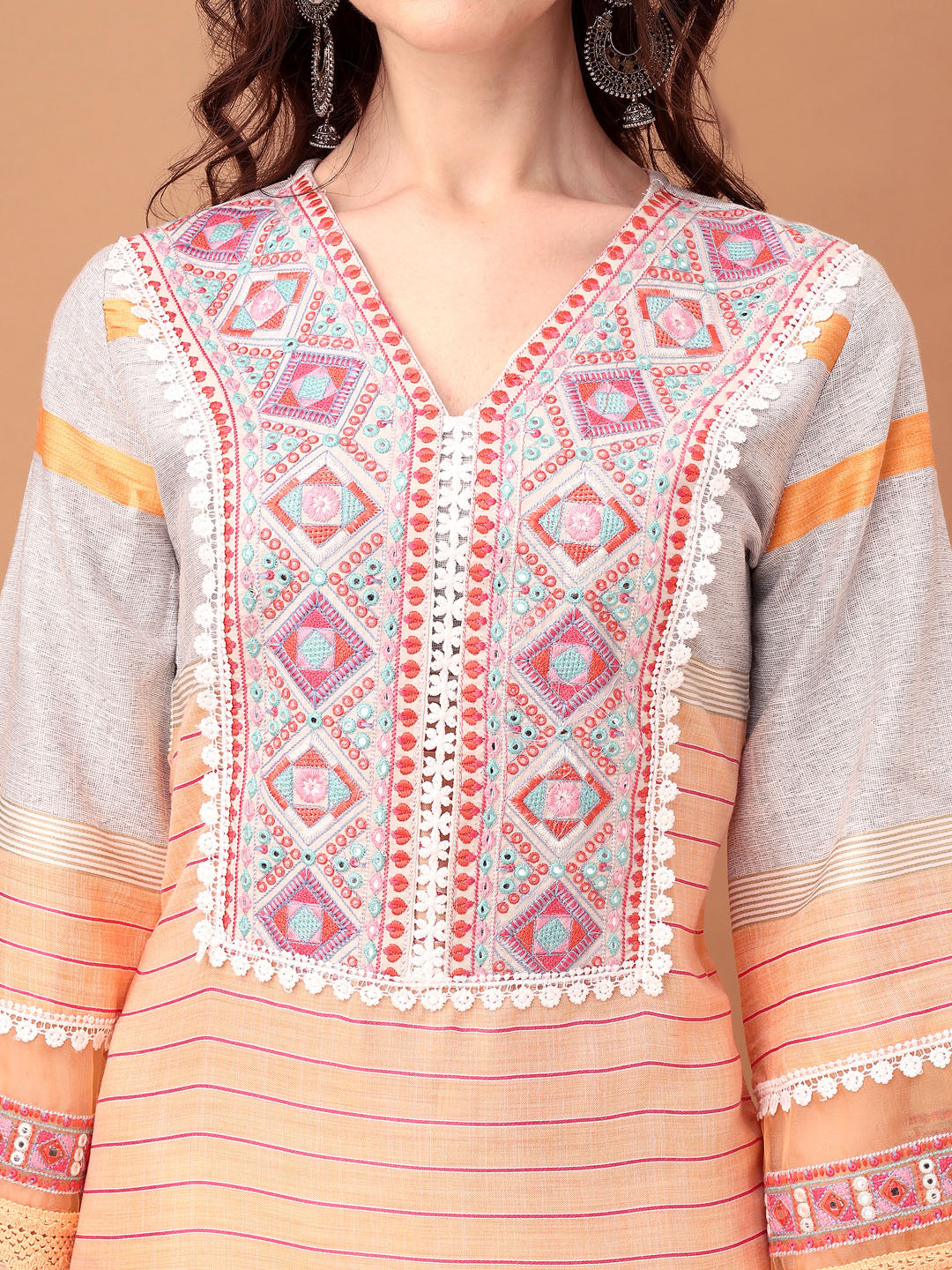 Embroidered & Printed Kurta With Pant & Dupatta Premium, Orange - Hiral Fashion