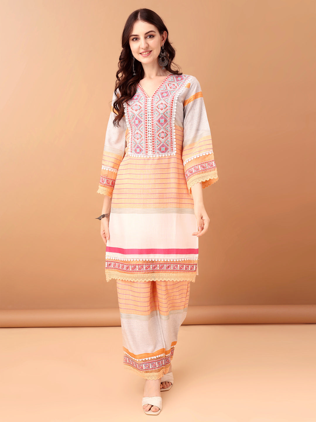Embroidered & Printed Kurta With Pant & Dupatta Premium, Orange - Hiral Fashion